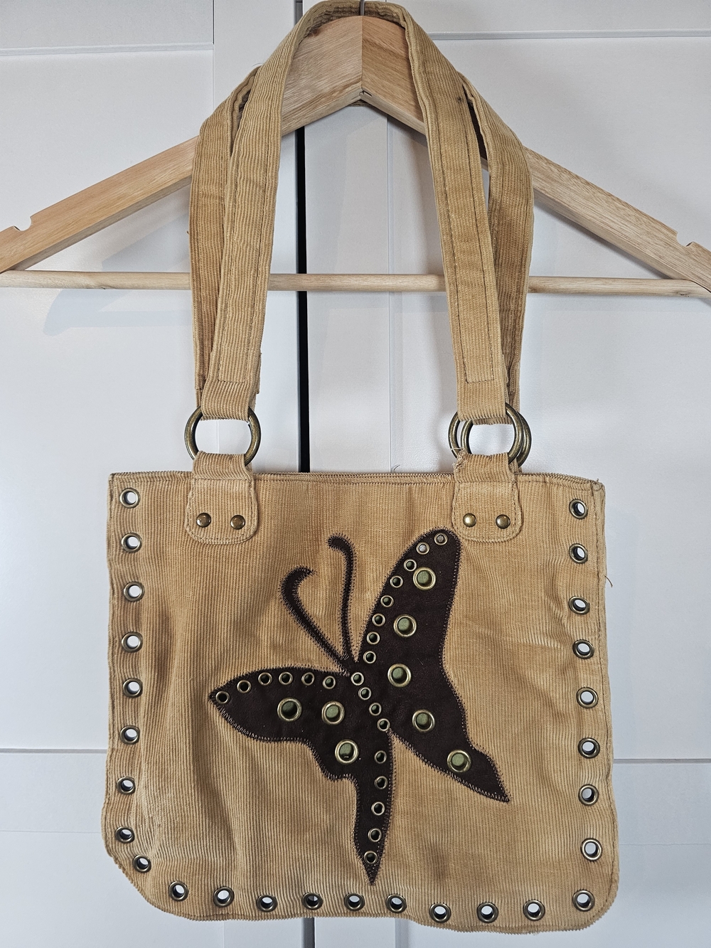 Vintage Y2K Tan Corduroy Butterfly Grommet Shoulder Bag Whimsigoth Fairycore